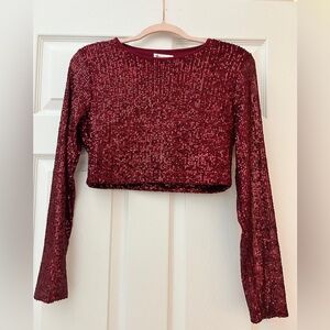 Red Sequin Long Sleeve Crop Blouse
